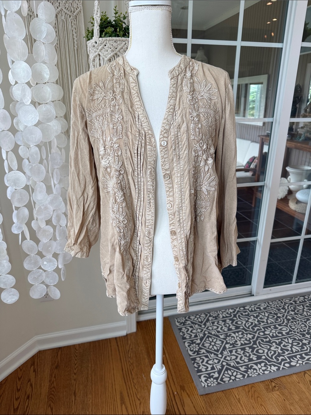 Solitaire Embroidered Beige Boho Button-Front Top
